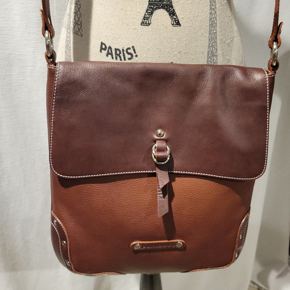 PUNTONTRES TWO TONED BROWN LEATHER SADDLE BAG CROSSBODY BAG